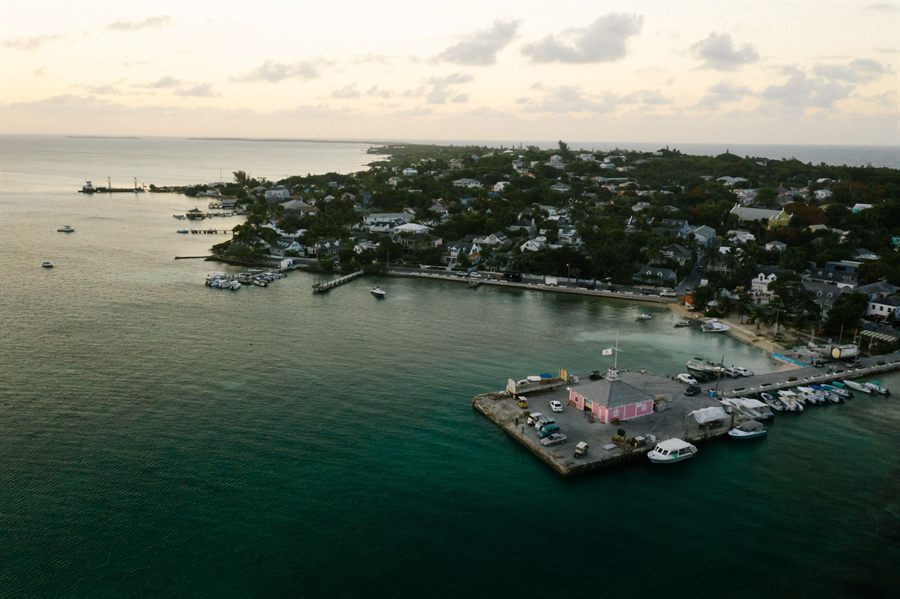 Aerial view of Dunmore Town and its marina, Harbour Island