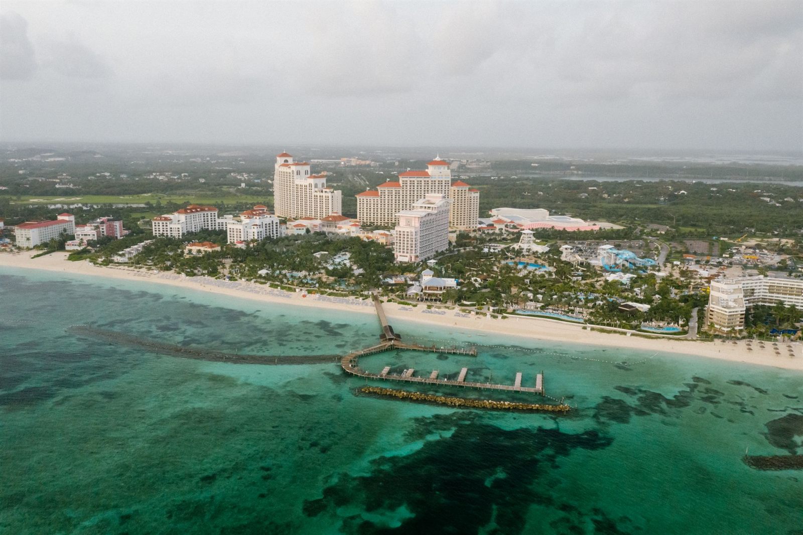 Aerial view of the Cable Beach resorts on the Nassau coast